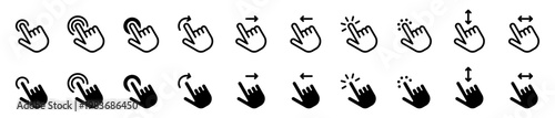 Conjunto de iconos de clic táctil. Representa interacción en pantallas. Incluye tocar, doble clic, mantener pulsado, deslizar, arrastrar, seleccionar. Ilustración vectorial