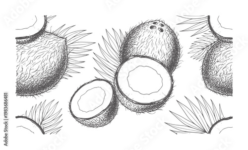 Hand drawn of whole and halved coconuts with palm leaves fruit tropical handdrawn