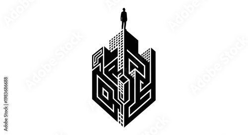 A man stands on a maze skyscraper.