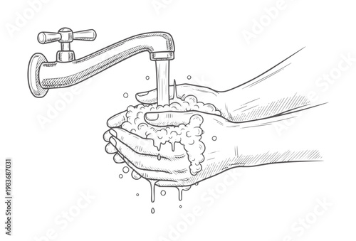 Of hands washing with soap and water from a faucet