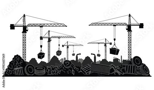 A striking black and white illustration depicts multiple construction cranes dominating a landscape filled with debris and rubble a dramatic silhouette high quality professional