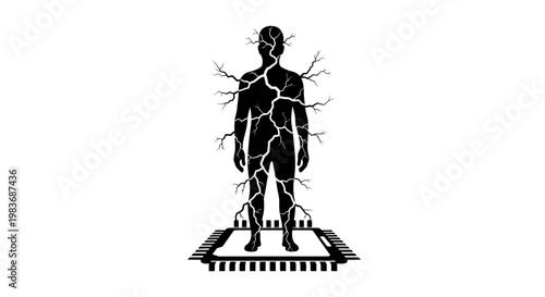 A human figure with cracked body standing on circuit board.