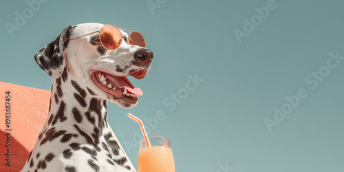 A Dalmatian dog relaxing in the sun with sunglasses and a drink, embodying a carefree, fun-loving vibe