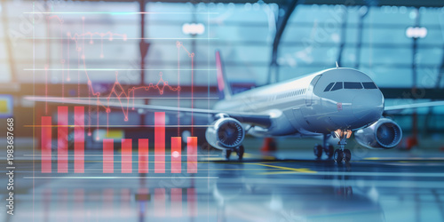Conceptual image of rising airfare driven by higher fuel prices, with an airplane silhouette above stacked coins and an upward red graph line against a blurred city background