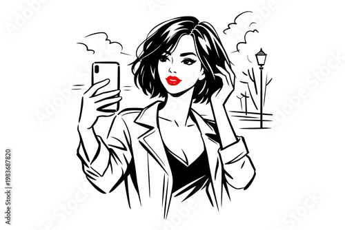 Elegant Woman Taking Selfie Premium Fashion Illustration