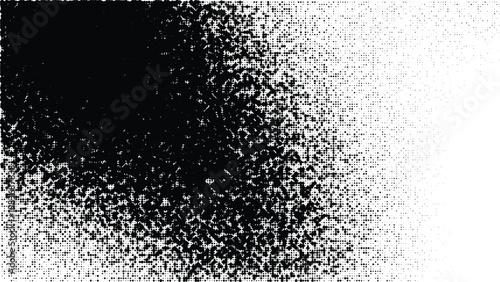 Grungy black spray paint texture on white background, distressed stipple grain vector effect, grainy noise gradient for urban street art design