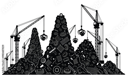 An intricate black and white illustration depicts a landscape of scrap metal and tires dominated by construction cranes presented as a silhouette high quality