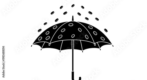 Black umbrella with white circles on a rainy day.