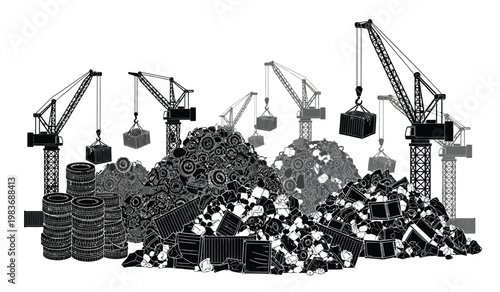 A stark monochromatic illustration depicts a landscape of waste and industrial machinery dominated by cranes and piles of refuse a powerful silhouette high quality