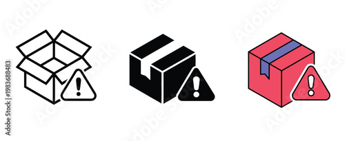 Shipping box with warning alert icon set, delivery package symbols with exclamation mark, representing fragile items, shipping errors, and logistics caution, vector