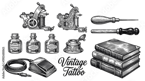 Vintage Tattoo Equipment Set Vector Illustration: Hand Drawn Engraved Style Machines, Ink Bottles, Books, and Tools Collection