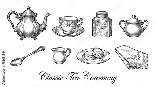 Classic Tea Ceremony Vintage Vector Set: Hand-Drawn Engraving Illustrations of Teapot, Cup, Saucer, Sugar Bowl, Spoon, and Creamer