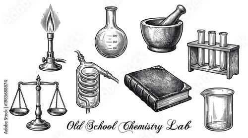Vintage Engraving Style Chemistry Laboratory Equipment Collection Vector Illustration
