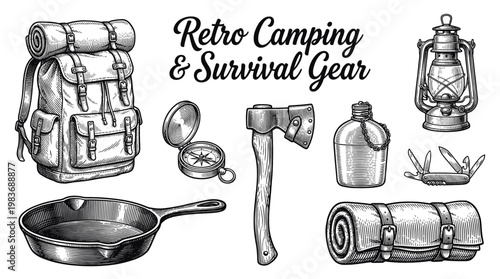 Vintage Retro Camping and Survival Gear Vector Illustration Set Featuring Backpack Compass Axe Lantern and Hiking Equipment