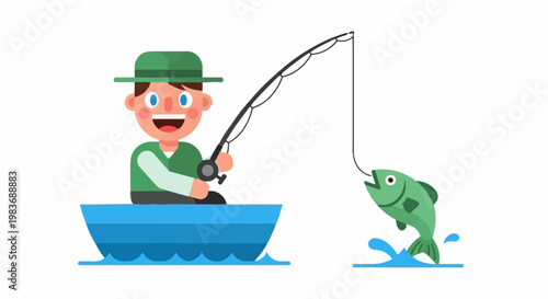 A cartoon character fisherman catches a fish while lake fishing in a blue boat during an outdoor recreational activity.