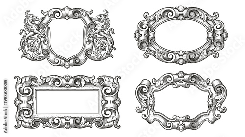 Set of Ornate Vintage Frames and Heraldic Cartouches, Antique Engraving Style Labels with Baroque Scrolls and Mythical Creatures for Decorative Design