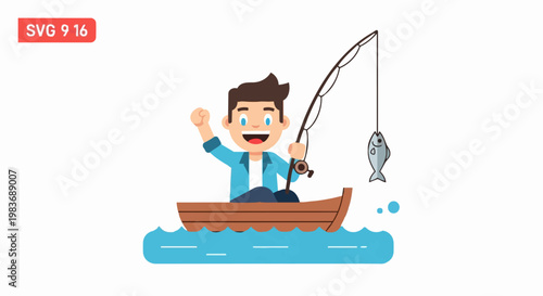 Cartoon character angler fishing in a boat on a lake outdoors for recreation hobby.
