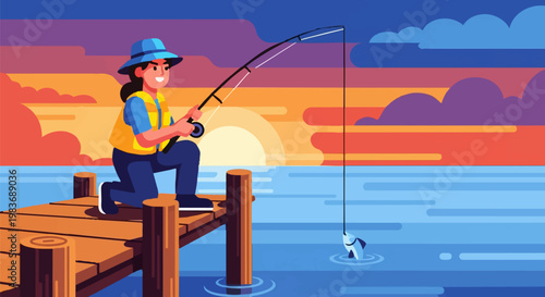 A cartoon character fisherman enjoys lake fishing as a hobby and recreation.