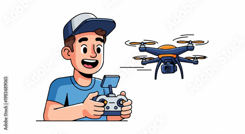 A smiling cartoon character of a fisherman enjoying lake fishing as a hobby and recreation by catching fish with a drone assisting the angler in an outdoor activity.