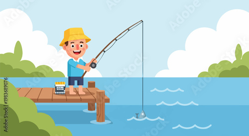 A cartoon character angler fisherman is lake fishing on a pier as a hobby and recreation outdoor activity catching fish with a fishing rod in a vector illustration.