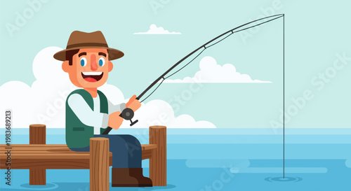 A cheerful cartoon character angler fisherman sits on a dock engaging in lake fishing hobby recreation catching fish with a fishing rod.