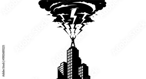 Black silhouette cityscape with UFO and lightning.