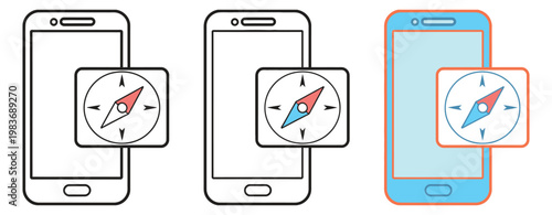 Smartphone compass icons vector illustration set showing navigation and location services on mobile devices, modern digital interface design