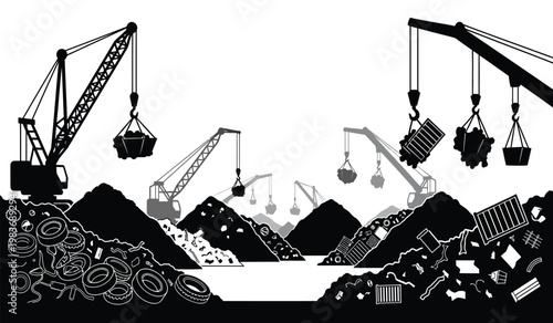A stark black and white illustration depicts a junkyard scene filled with cranes debris and piled refuse presented as a silhouette high quality professional