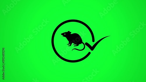Silhouette of rat inside circle animation with check mark appearing on green background.