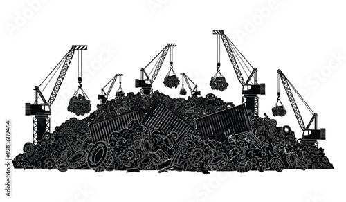 A stark black silhouette depicts a landfill overflowing with waste and industrial cranes extracting materials highlighting environmental concerns and pollution silhouette high quality professional