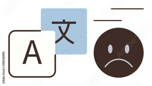 Language barriers, translation issues, miscommunication, global interaction, linguistic challenges, digital communication. Sad face icon with language symbols. Language barriers and translation
