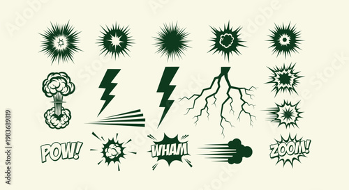 Comic book style action effects collection with explosions, lightning bolts and sound impact text.