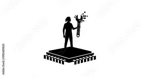 A person standing on a microchip holding a wrench.