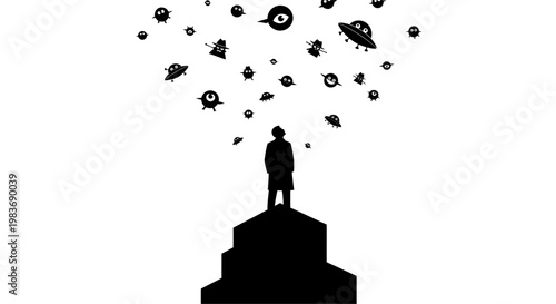 Man standing on a pedestal with creative thoughts.