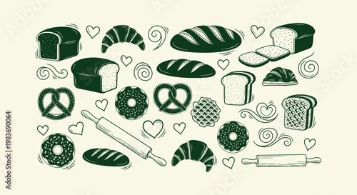 Hand drawn vintage bakery doodle set with fresh bread loaves croissants donuts and rolling pins