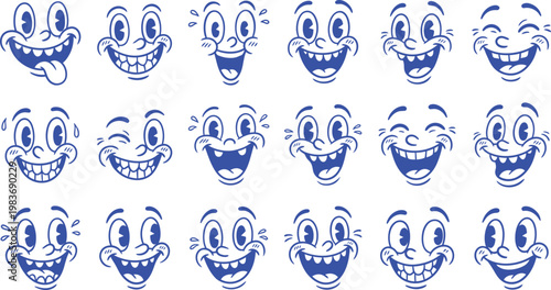 Retro 1930s rubber hose cartoon facial expressions set vintage comic vector