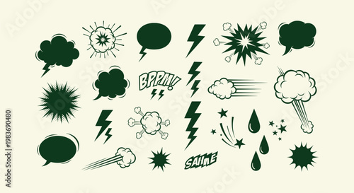 Vintage Comic Book Design Elements Set with Speech Bubbles Explosions Lightning Bolts and Effects