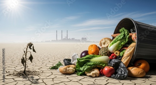 A desolate landscape with a trash can overflowing with fresh produce drought land dry ground desert