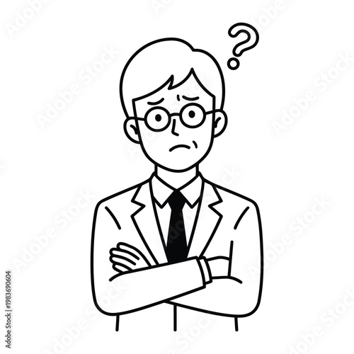 Confused man in suit with arms crossed and question mark overhead black and white background thinking face