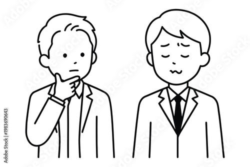 Two men in suits looking pensive and confused with business meeting problem solving solution finding thinking process