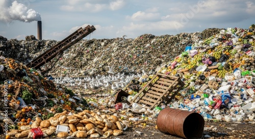 A large pile of trash and debris in a landfill with a factory in the background emitting smoke into