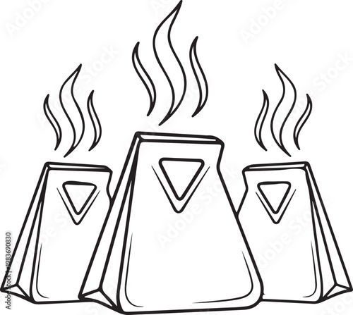 Herbal tea bags silhouette. Hot steam paper pouches icon. Natural product packaging illustration. Steaming medicine sachets symbol.