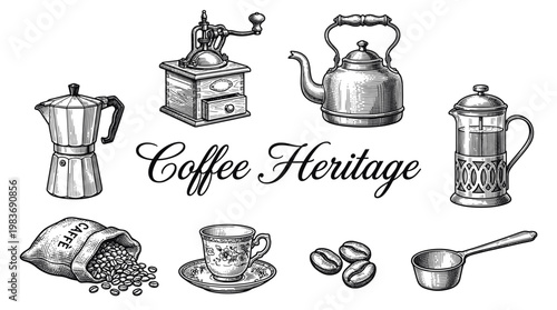 Vintage Coffee Heritage Engraving Vector Illustration Set featuring Moka Pot, Manual Grinder, French Press, Kettle, and Roasted Beans