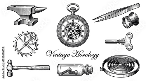 Vintage Horology Watchmaker Tools and Pocket Watch Components Vector Illustration Set