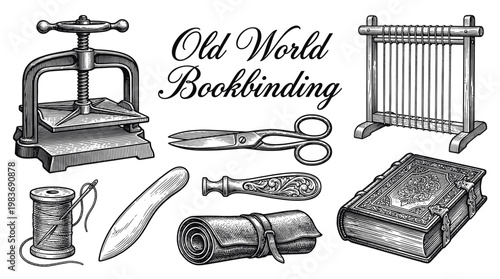 Vintage Bookbinding Tools and Equipment Set in Engraved Woodcut Style with Press Scissors and Leather Scroll Illustration