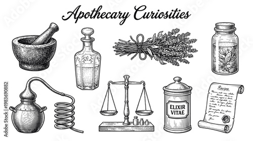 Vintage Apothecary and Alchemy Collection Vector Set with Engraved Illustrations of Mortar, Herbs, Glass Bottles, and Scientific Tools