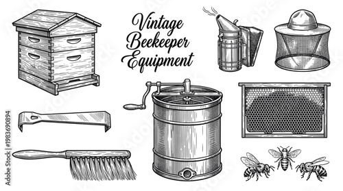 Vintage Beekeeper Equipment Illustration Set with Beehive, Honey Extractor, Smoker, Hat, and Bees in Engraving Style