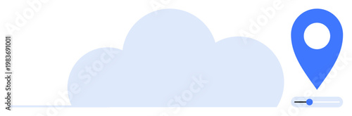 Cloud computing, data storage, geolocation services, digital navigation, online access, and server connectivity. Blue map pin beside a cloud. Cloud computing and geolocation services concept