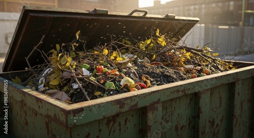 a large green dumpster filled with leaves and twigs and other debris close up detail view natural li