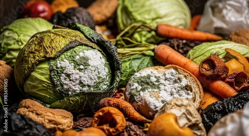 Rotten vegetables and fruits in a pile with mold and decay close up detail view natural lighting cop